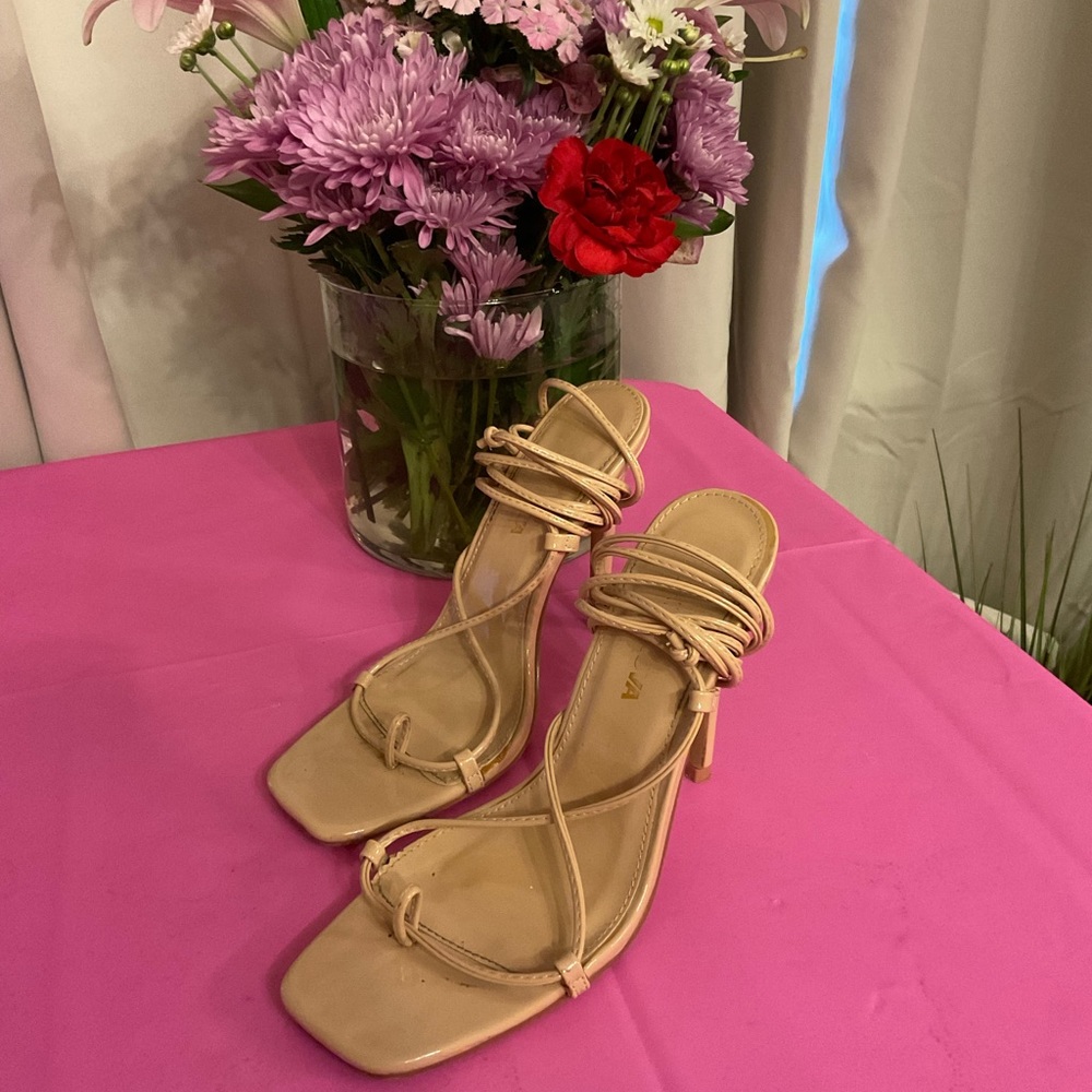 Fashion Nova, square toe, tie up nude heels